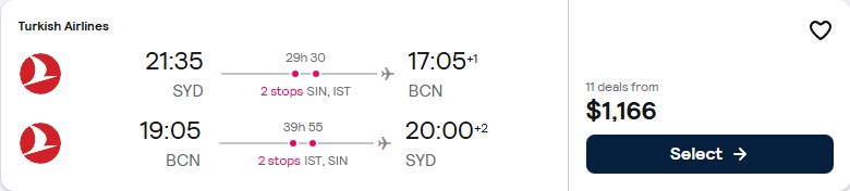 Cheap flights from Sydney, Australia to European cities from only $1141 AUD roundtrip with Turkish Airlines. Flight deal ticket image.