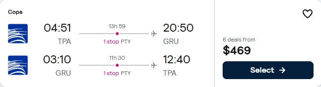 Click here to book this cheap flight deal. Cheap flights from Tampa, Florida to Sao Paulo, Brazil for only $469 roundtrip with Copa Airlines. Flight deal ticket image.
