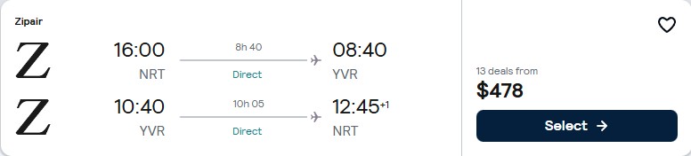 Click here to book this cheap flight deal. Non-stop flights from Tokyo, Japan to Vancouver, Canada for only $478 USD roundtrip. Flight deal ticket image.