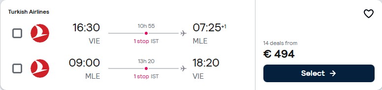 Cheap flights from Vienna, Austria to the Maldives for only €494 roundtrip with Turkish Airlines. Flight deal ticket image.