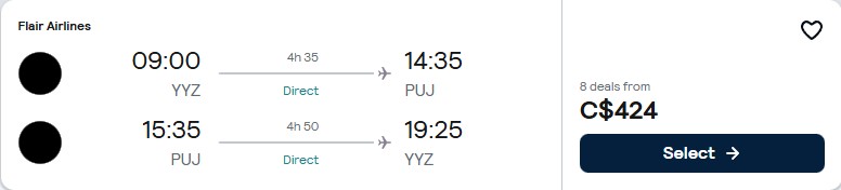 Non-stop flights from Toronto, Canada to the Dominican Republic for only $424 CAD roundtrip. Flight deal ticket image.