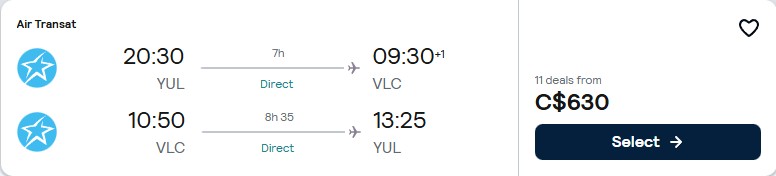 Click here to book this cheap flight deal. Non-stop flights from Montreal, Canada to Valencia, Spain for only $630 CAD roundtrip. Flight deal ticket image.