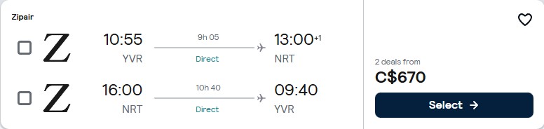 Non-stop flights from Vancouver, Canada to Tokyo, Japan for only $696 CAD roundtrip. Flight deal ticket image.